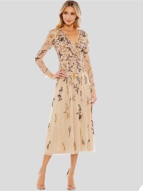 Mac Duggal Olive Floral Embroidered Long Sleeve Midi Dress